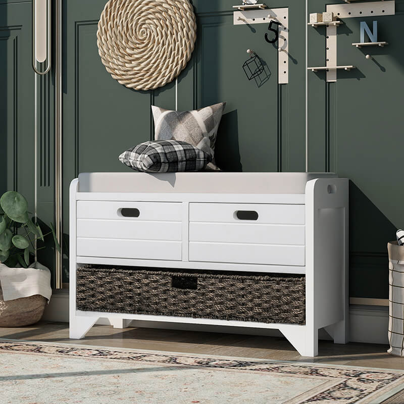 32" White Entryway Storage Bench with Removable Basket 