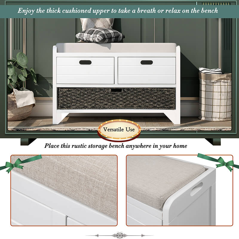 32" White Entryway Storage Bench