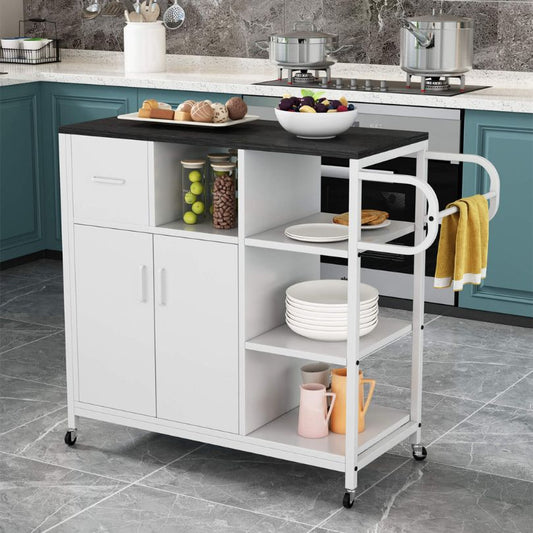 White Kitchen Storage Cabinet with Black Top