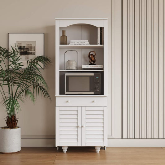 White Tall Freestanding Rustic Kitchen Buffet with Hutch and Pantry Storage Cabinet