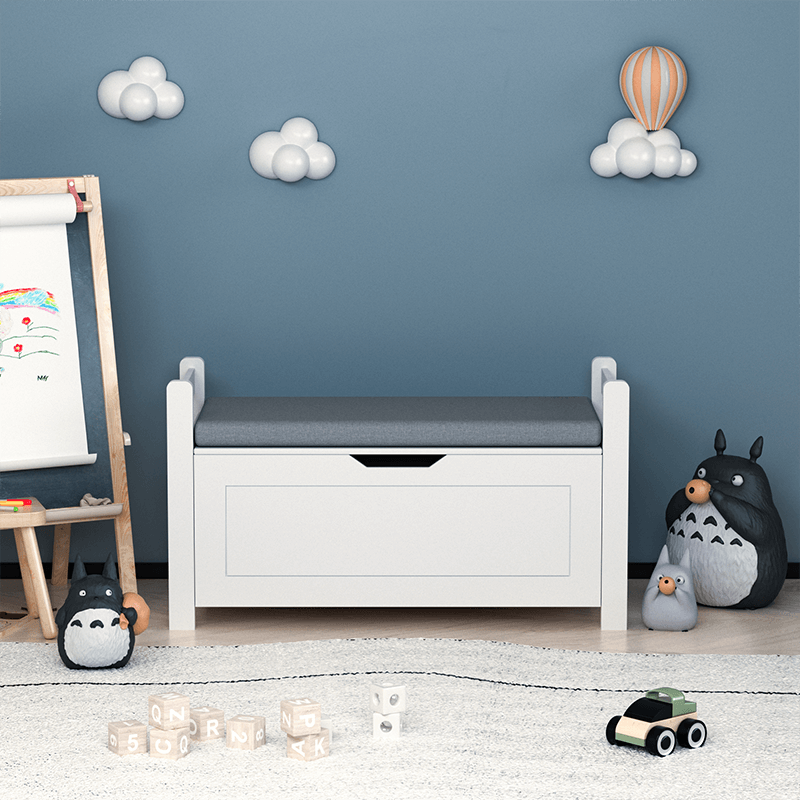 35" White Wooden Kids Toy Box Chest with Cushion Seat Bench