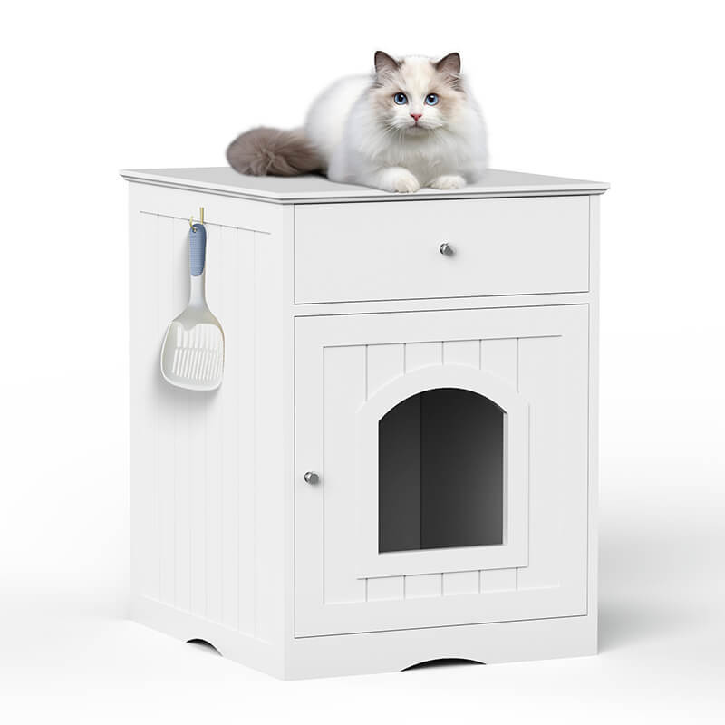 19" White Wooden Pet House Cat Litter Box Enclosure with Drawer