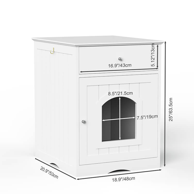 A dimension Image of our 19" White Wooden Pet House Cat Litter Box Enclosure with Drawer 