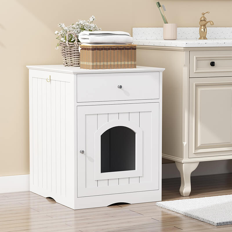 19" White Wooden Pet House Cat Litter Box Enclosure with Drawer