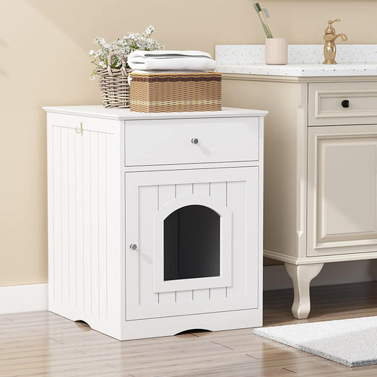 19" White Wooden Pet House Cat Litter Box Enclosure with Drawer