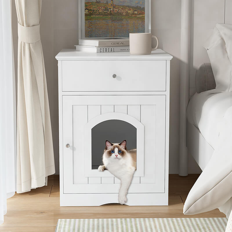 19" White Wooden Pet House Cat Litter Box Enclosure with Drawer