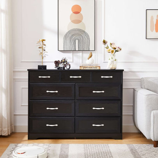 Wooden 9-Drawers Double Dresser with Antique Handles