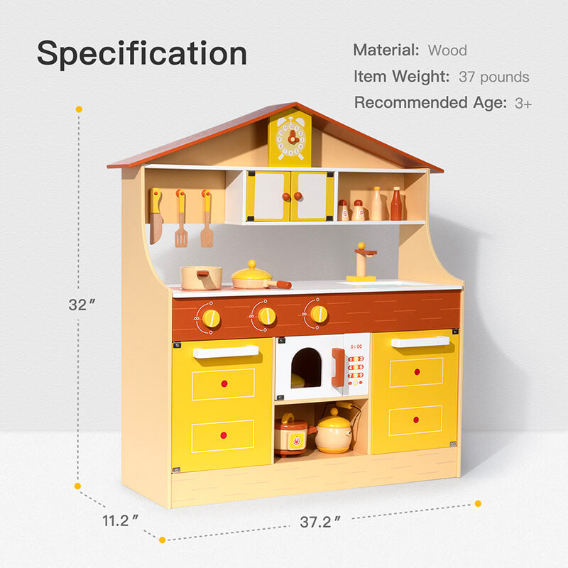 Yellow Wooden Pretend Play Kitchen Set for Kids Toddlers - 37.20"L